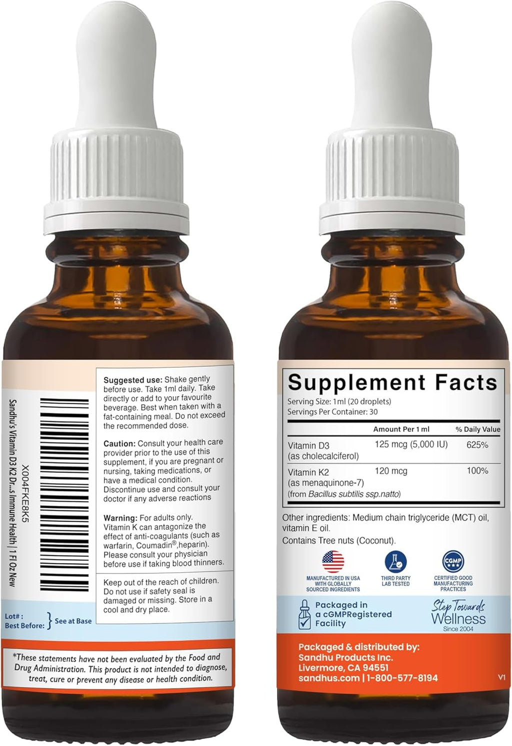 Sandhu's Vitamin D3 K2 Drops for Adults | 5000 IU D3 Liquid, 120mcg K2 Supplement 1 Fl Oz (Pack of 1) | D3K2 Supports Superior Absorption, Energy, Immune, Muscle Health for Men & Women
