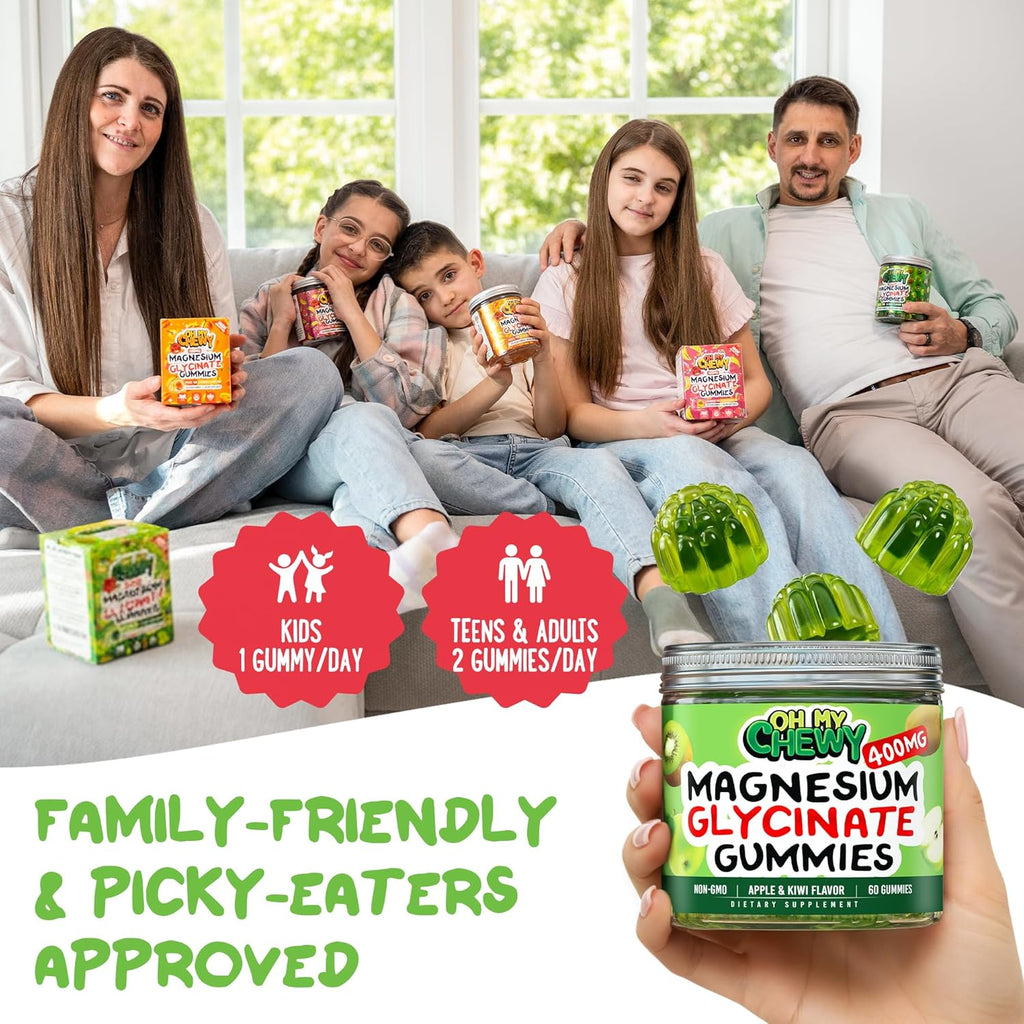 Center-Filled Magnesium Glycinate Gummies 400MG - High Absorption for Kids, Teens & Adults - Supplement for Sleep, Calm & Muscle Relaxation with B6 & D3 - Gluten Free & Vegan Friendly - 60 Count