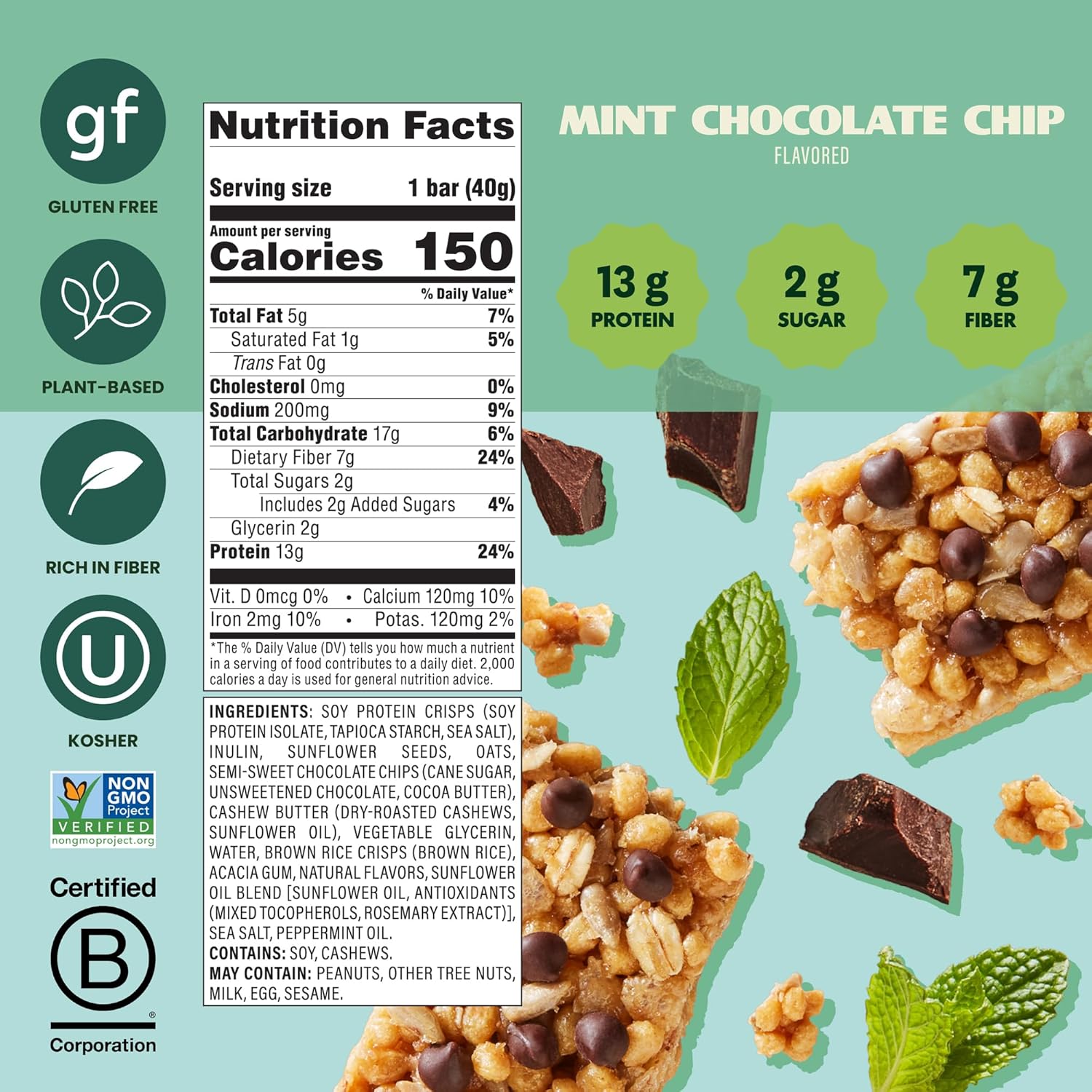 Simply Protein - Mint Chocolate Chip Crispy Bars - Plant Based Protein Bars - Low Carb, Low Sugar, High Fiber - 13g Protein, 2g Sugar, 7g Fiber - Vegan, Gluten Free, Non GMO, Kosher - 12 Bars