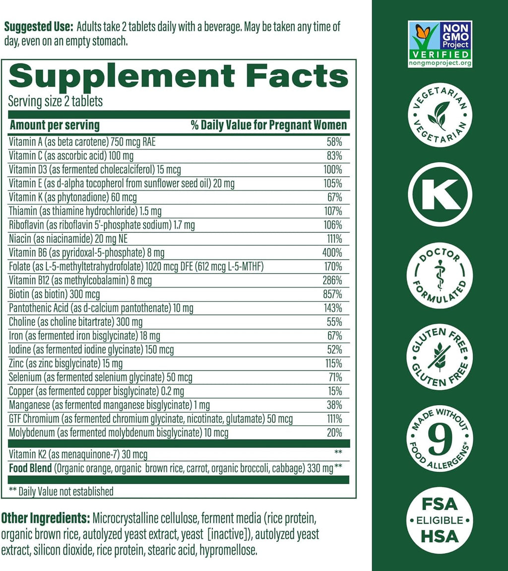 MegaFood Baby & Me 2 Prenatal Multi - Prenatal Vitamins for Women with Choline, Methyl Folate, Iron - Gluten-Free, Vegetarian, Pre Natal Multivitamin for Women - 60 Tablets, 30 Servings