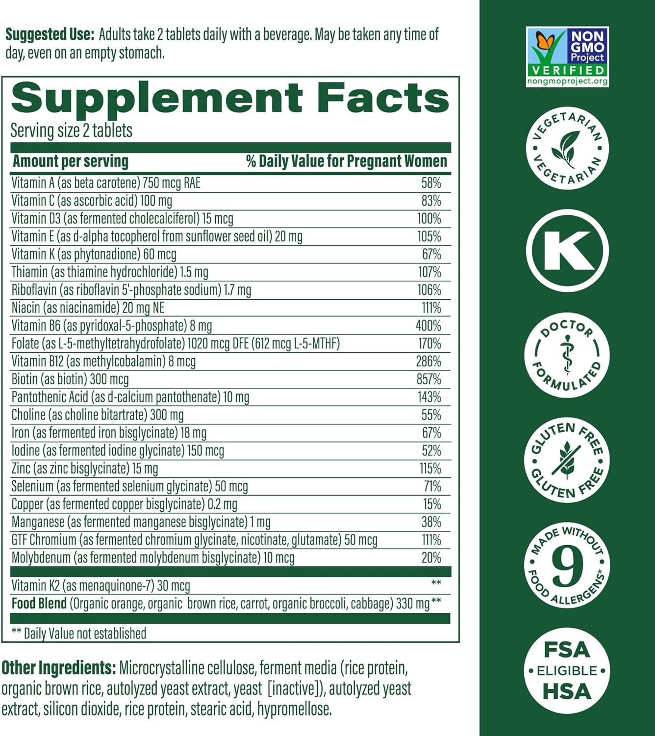 MegaFood Baby & Me 2 Prenatal Multi - Prenatal Vitamins for Women with Choline, Methyl Folate, Iron - Gluten-Free, Vegetarian, Pre Natal Multivitamin for Women - 60 Tablets, 30 Servings