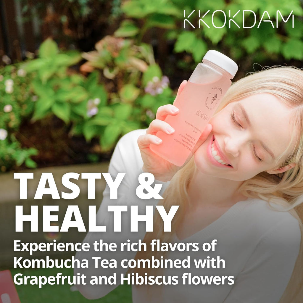 KKOKDAM Kombucha Tea - Grapefruit & Hibiscus Korean Tea - Kombucha Drinks Probiotic Support, Low Calorie, Sugar Free Kombucha Pack - 500g Bulk Pouch
