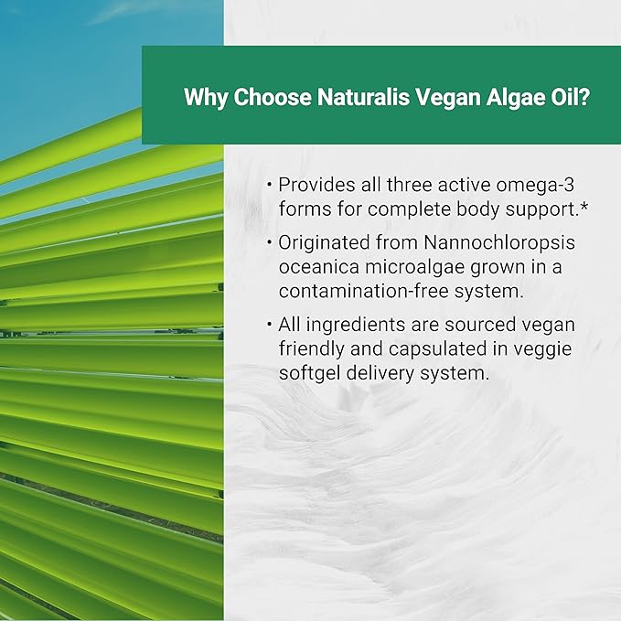 Naturalis Double Strength Vegan Omega 3 DHA, EPA & DPA from Microalgae | Vegan Society Certified, Sustainably Sourced, True Full Spectrum | 90 Veggie Softgels (Carrageenan Free)