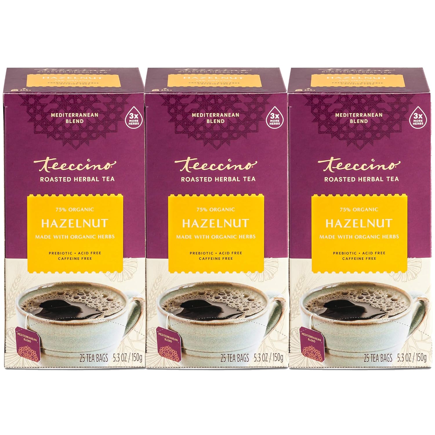 Teeccino Hazelnut Herbal Tea - Rich & Roasted Herbal Tea That’s Caffeine Free & Prebiotic for Natural Energy, 25 Tea Bags (Pack of 3)