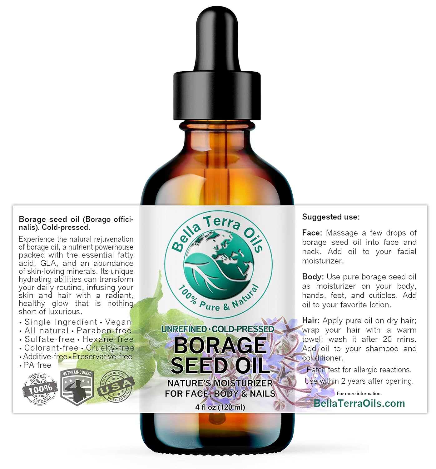 Bella Terra Oils - Organic Borage Seed Oil 4 oz - Rich in GLA, Pure & Untouched, Abundant in Omega-6 Fatty Acids, Elevate Skin's Natural Radiance & Softness