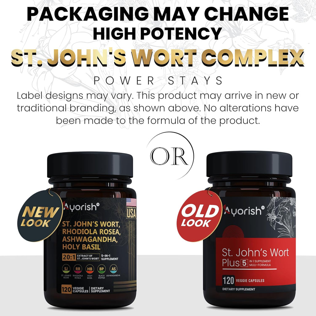 St Johns Wort 20:1, 1000mg, Rhodiola Rosea Holy Basil Ashwagandha - Mood Support for Women and Men with Vitamin C & Black Pepper Extract - 120 Caps