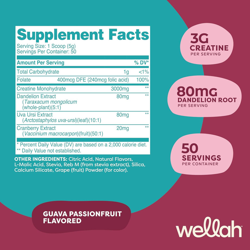 Wellah Creatine for Women - Creatine Monohydrate with Dandelion & Cranberry Extract (50 Servings, Guava Passionfruit)