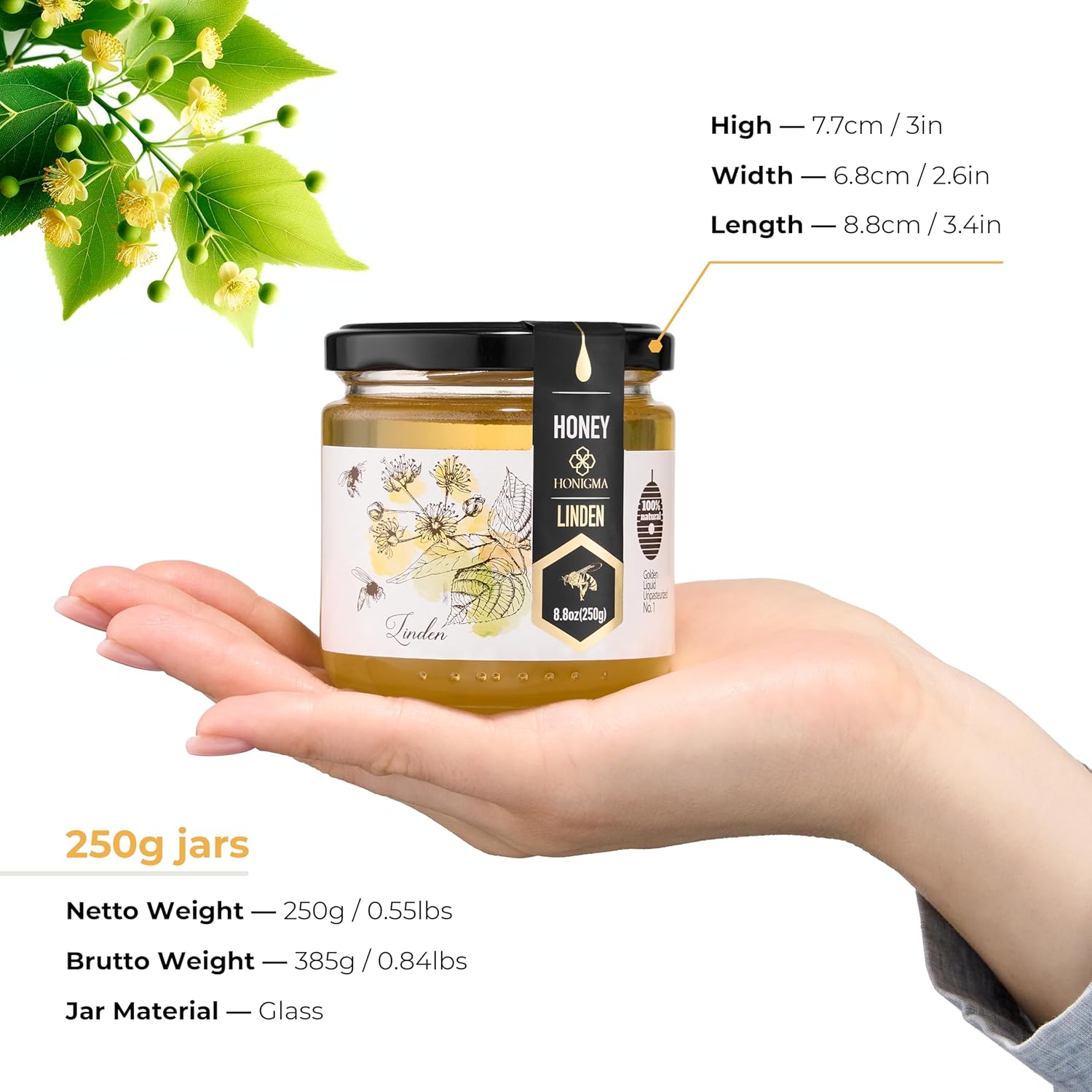HONIGMA® Raw Linden Honey | Exquisite Taste | 100% Pure | Unpasteurized | Unfiltered | Partially crystallized | 250g/8.8oz
