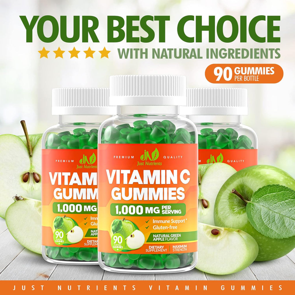 Vitamin C Gummies 1000mg for Adults & Kids - Maximum Strength Chewable Immune Support, Collagen Support - Sour Green Apple Flavor - Gluten Free, Non-GMO, Vegetarian - 90 Gummies (30 Servings)