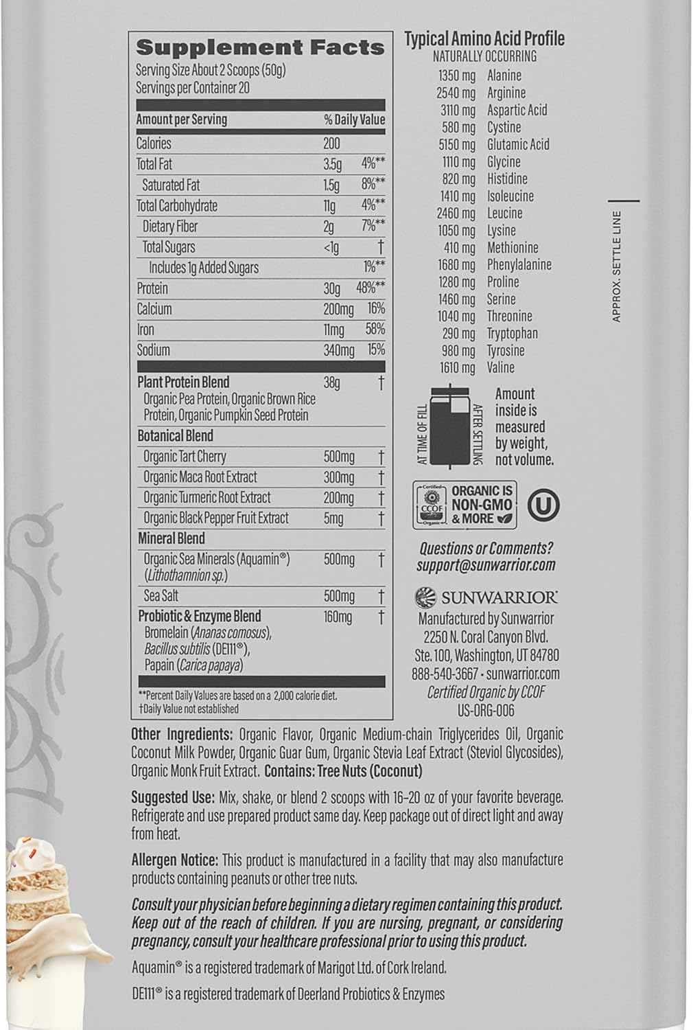 Sunwarrior Organic Plant Based Protein Powder | Vegan Organic Protein Powder with BCAA Amino Acids Plus Recovery Minerals & Botanicals | Non-GMO Soy Dairy & Gluten Free (Cake Batter, 20 Servings)