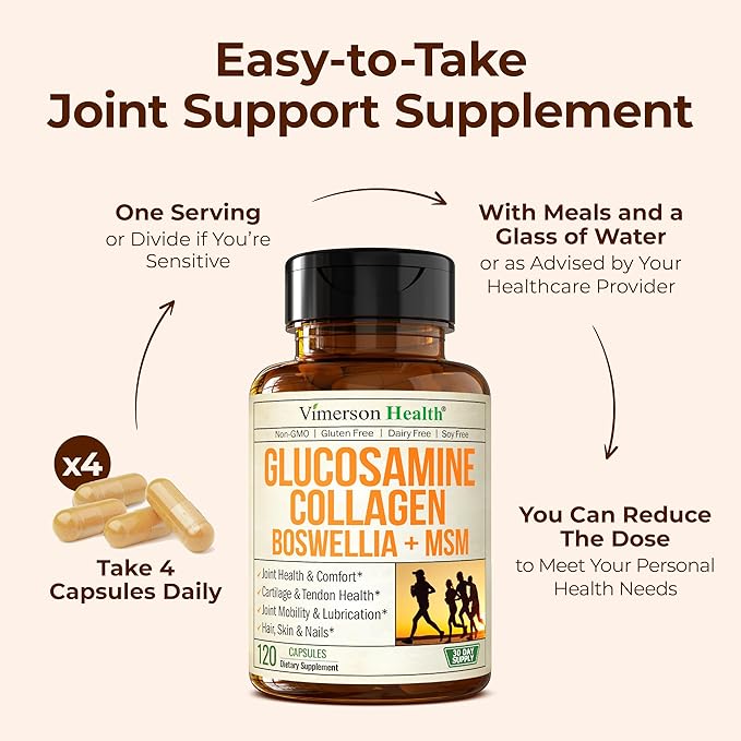 Glucosamine Chondroitin MSM with Hydrolyzed Collagen Peptides - Joint Support Supplement with Quercetin, Bromelain & Boswellia Extract - Collagen pills for Hair Skin Nails - FSA Eligible 120 Caps