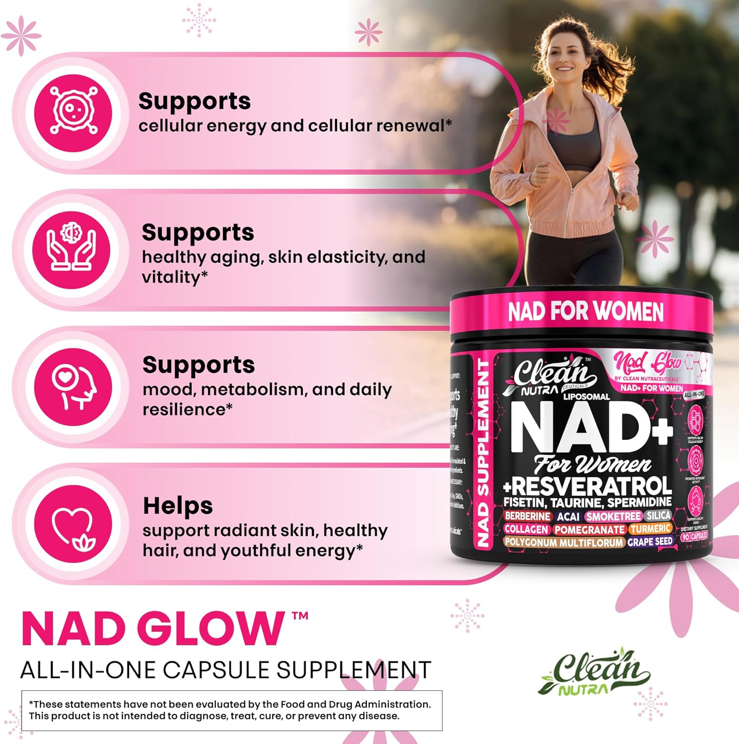 Clean Nutra NAD Supplement for Women Liposomal NAD+ Capsules with Resveratrol | Nicotinamide Riboside Fisetin Taurine & Spermidine | Premium All-in-One Formula | 90 Vegan Capsules