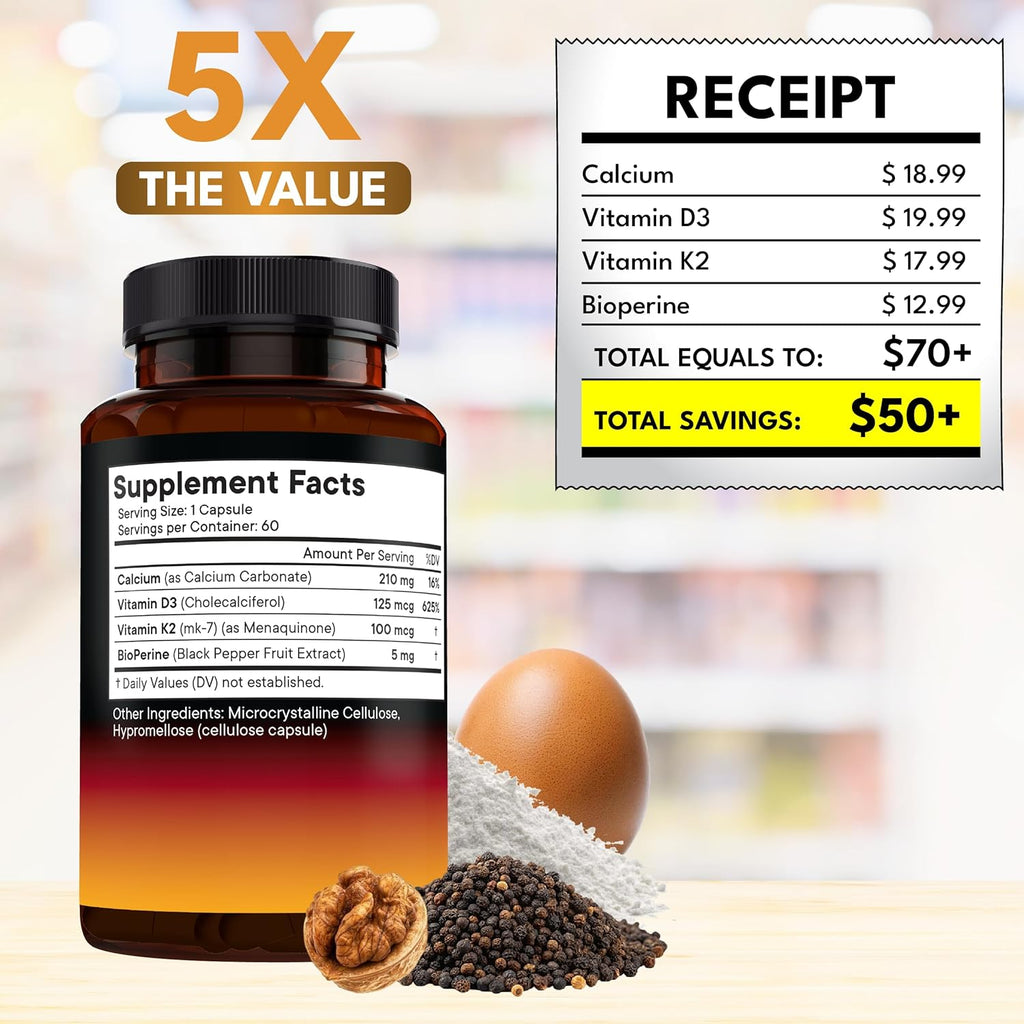 Vitamin D3 5,000 IU + K2 MK-7 100 mcg - 2-in-1 Bone, Immune & Heart Support, Easy to Swallow, Non-GMO - 60 Capsules