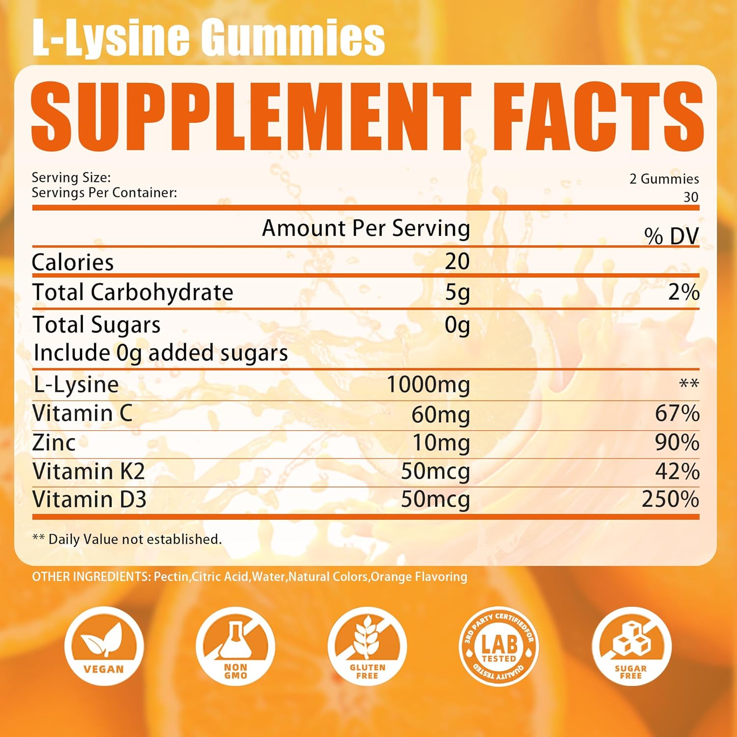 L-lysine Gummies 1000mg, Chewable Lysine Supplement with Vitamin C, D3, K2 & Zinc, Enhance Immunity, Lips & Skin Health, Collagen Growth, Sugar-Free, Gluten-Free, 60 Count (Pack of 2)