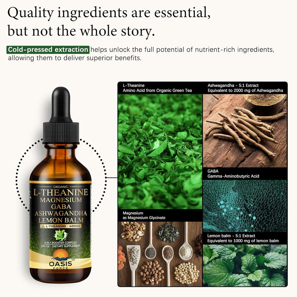 L Theanine 400mg Liquid Drops, L-Theanine Supplement for Adults & Kids with GABA, Magnesium & Ashwagandha, Natural Sleep, Focus & Relaxation Support, Vegan, Alcohol-Free, Non-GMO, 2 FL OZ