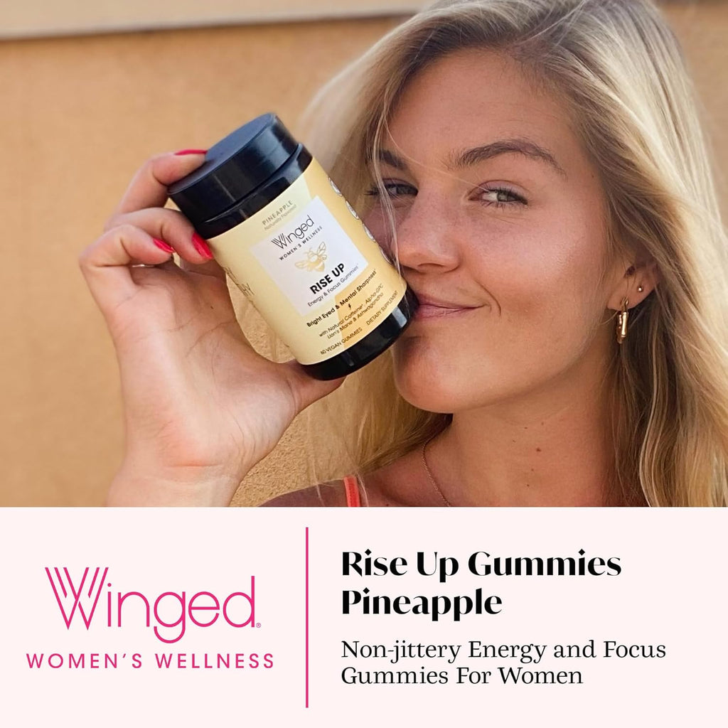 Winged Wellness Rise Up, Energy & Focus Gummies for Women - Daily Brain Boost Gummy Supplement with Natural Caffeine, Ashwagandha, B12, Nootropics Alpha-GPC & Lion’s Mane - Pineapple, 60 Gummies