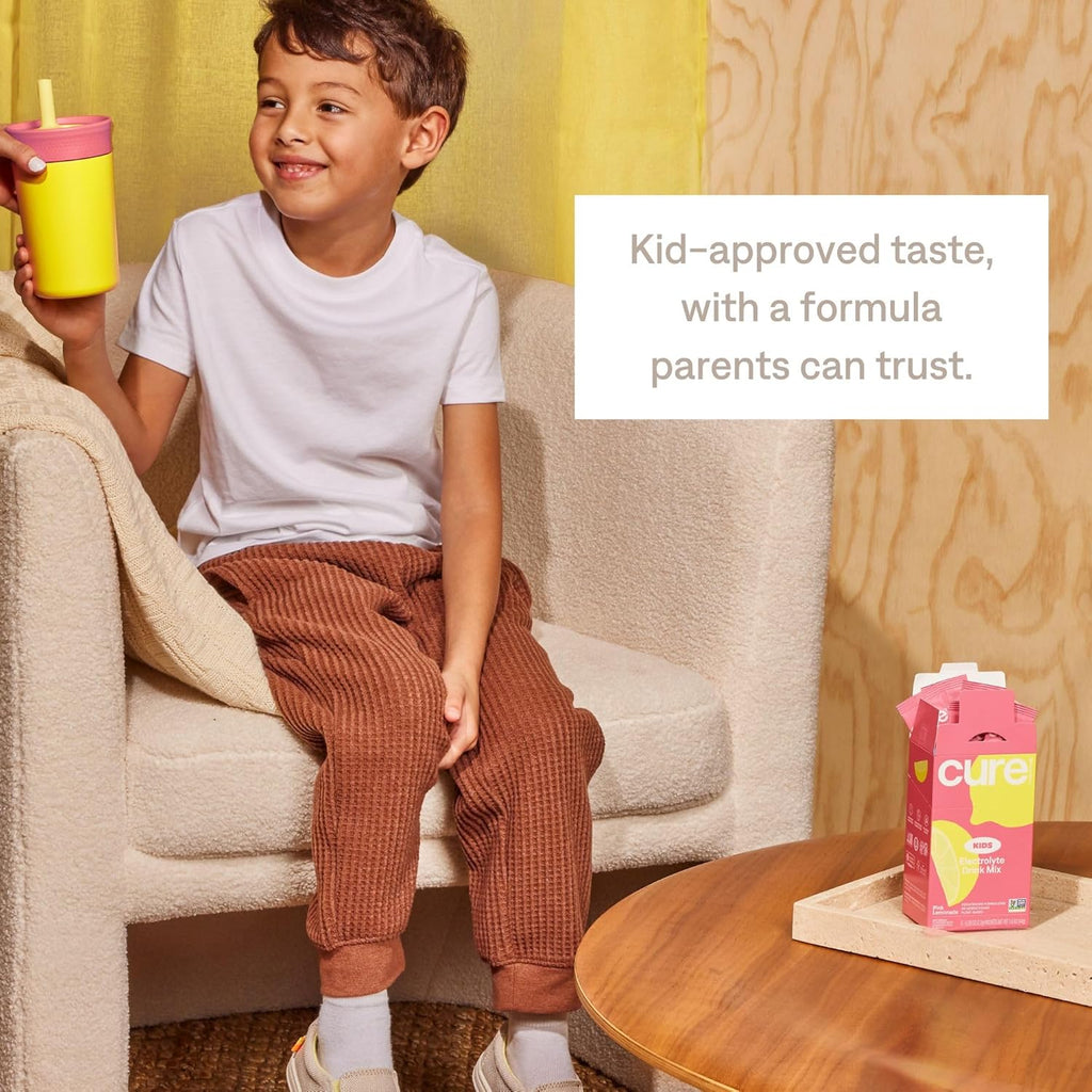 Cure Hydration - Kids Electrolyte Drink Mix | Plant-Based Pediatrician Formulated Rehydration | No Added Sugar, FSA-HSA, Non-GMO, Gluten-Free, No Artificial Flavors | 14 Packets - Pink Lemonade