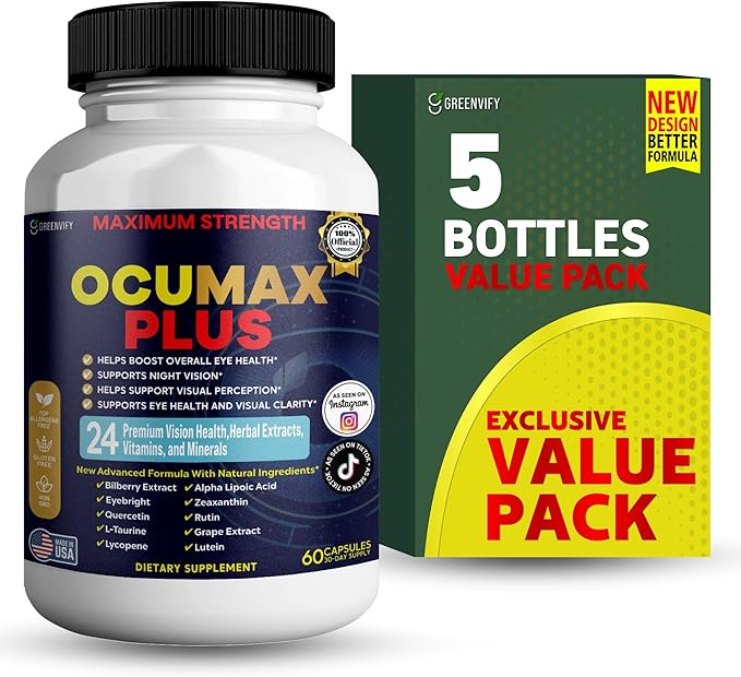 Ocumax Plus Vision Support Supplement, 60 Capsules, with 24 Premium Herbal Extracts and Vitamins, Maximum Strength Eye Health Formula (5)
