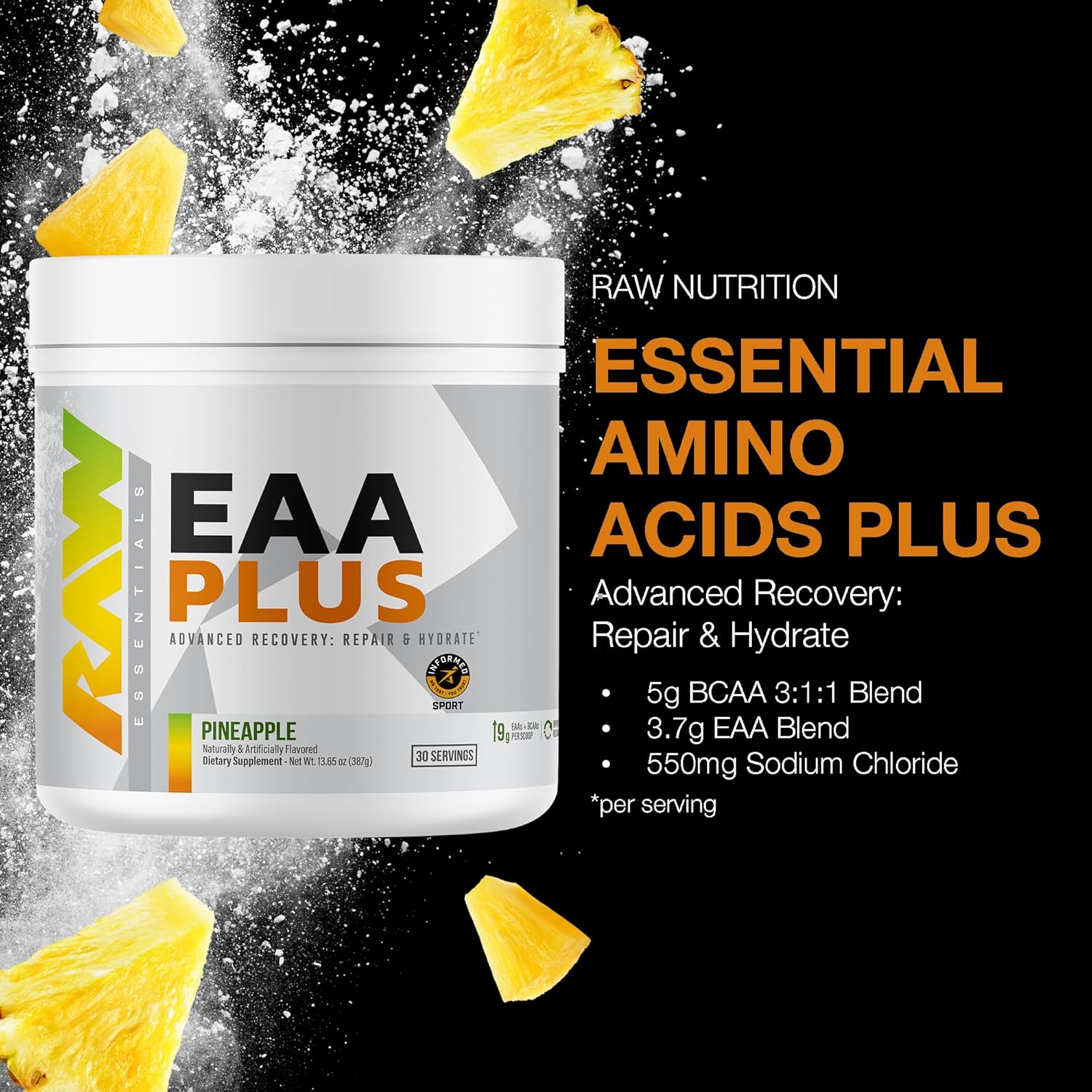 RAW EAA Plus, Amino Acids Powder, Pineapple (30 Servings) - Pre Workout Amino Energy Powder for Advanced Endurance, Recovery & Lean Muscle Growth - BCAA Amino Acids Supplement for Men & Women