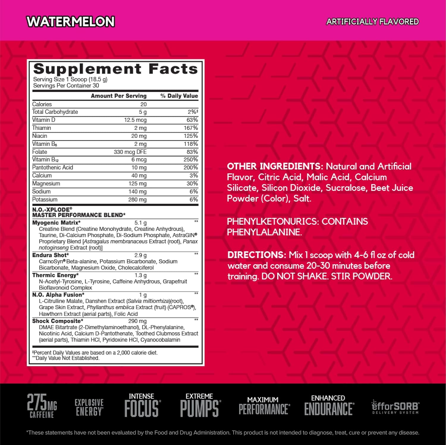 BSN N.O.-XPLODE Pre Workout Powder, Energy Supplement for Men and Women with Creatine and Beta-Alanine, Flavor: Watermelon, 30 Servings