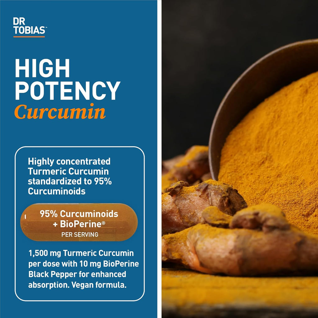 Dr. Tobias Turmeric Curcumin 1500mg with BioPerine – Extra Strength Supplement with 95% Curcuminoids for Joint Support, Overall Vitality & Immune Health, 120 Vegan Capsules, Non-GMO