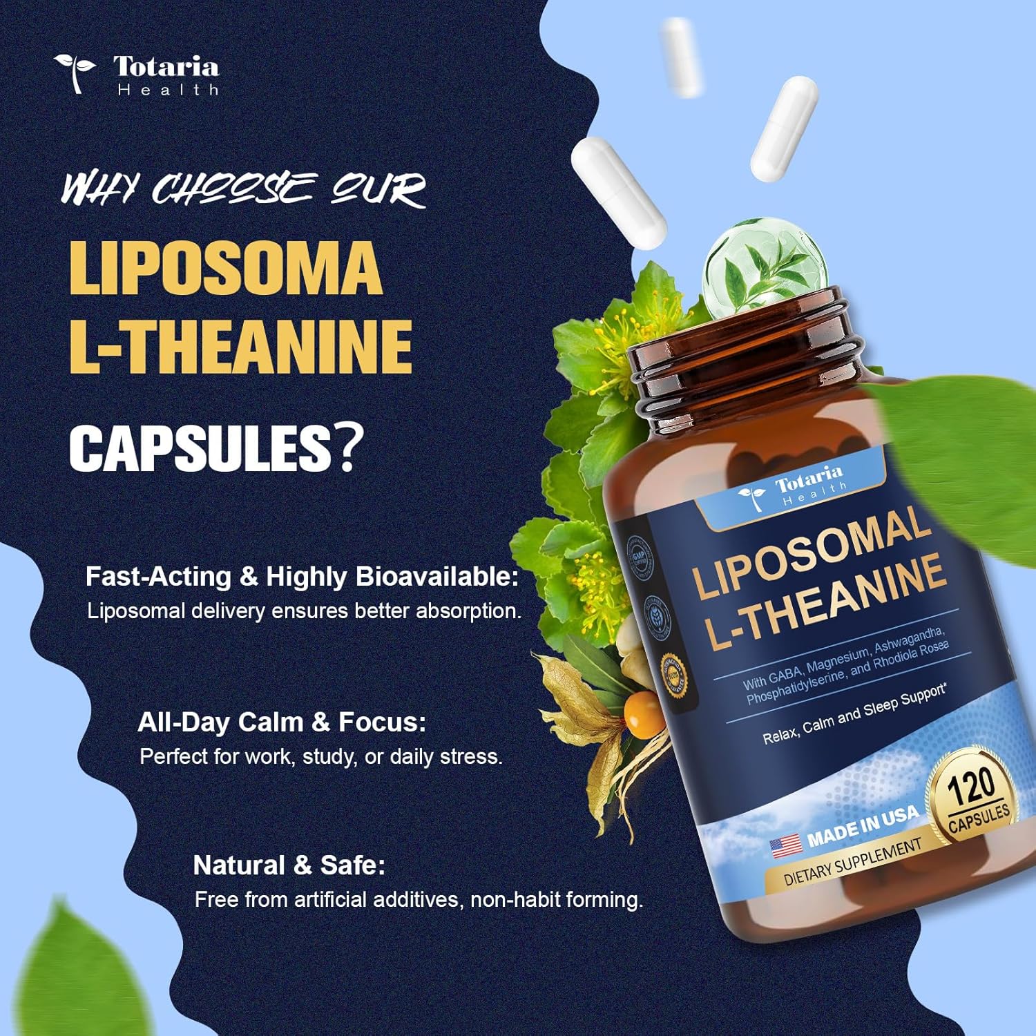 Liposomal L-Theanine Supplement 750mg with GABA,Ashwagandha,Magnesium Glycinate,Rhodiola Rosea,Phosphatidylserine Complex Supplements for Men and Women Mood |Focus | Sleep Support 120 Capsules