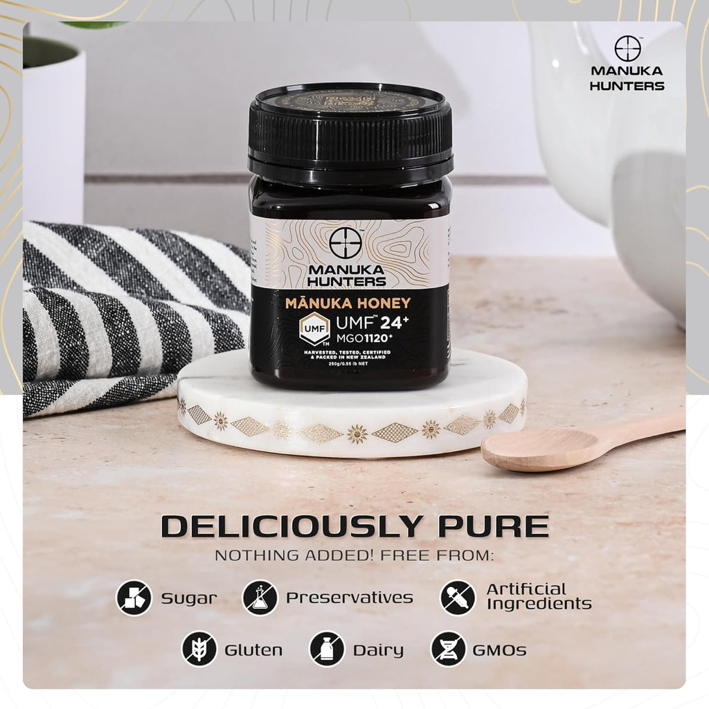Manuka Hunters UMF 24+/MGO 1120+ Certified New Zealand Manuka Honey - 100% Pure Natural Sweetener - Gluten, Dairy Free - Ideal for Tea, Coffee, Smoothies, and Baking - Sustainable - 8.8oz/250g Jar