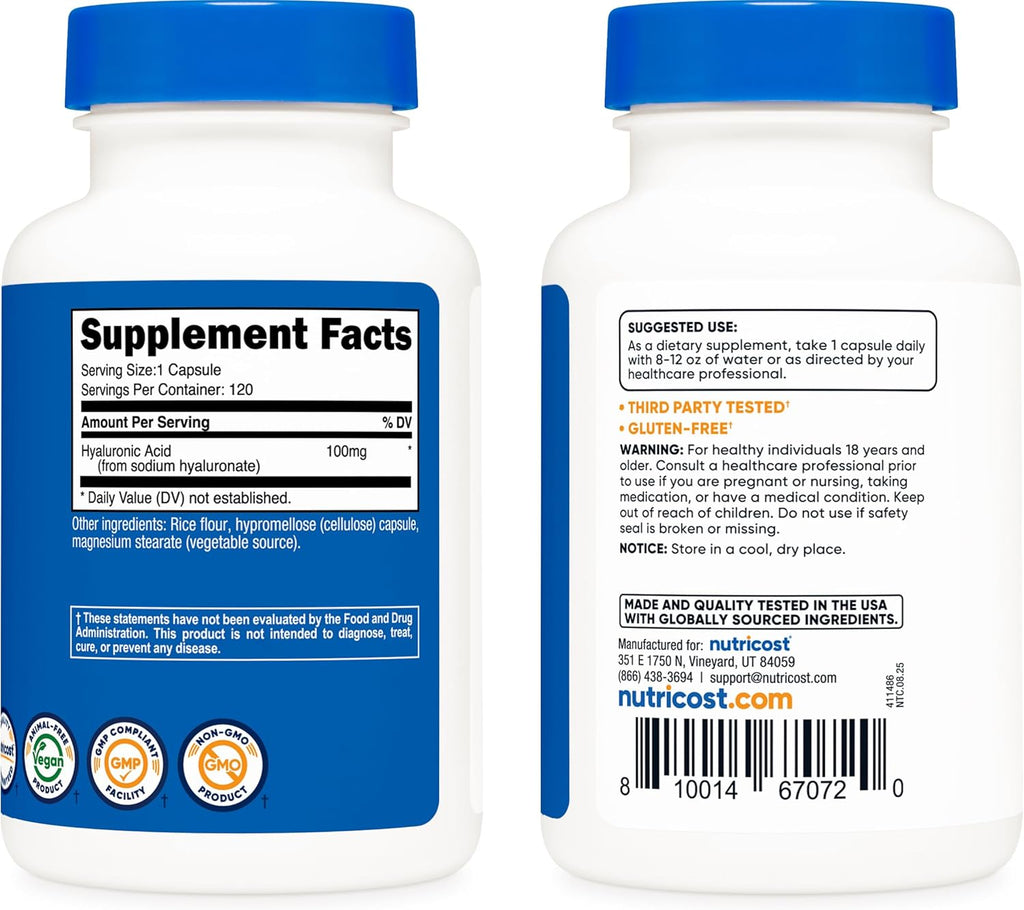 Nutricost Hyaluronic Acid Capsules 100mg,120 Vegetarian Capsules - Gluten Free, Non-GMO (Pack of 2)