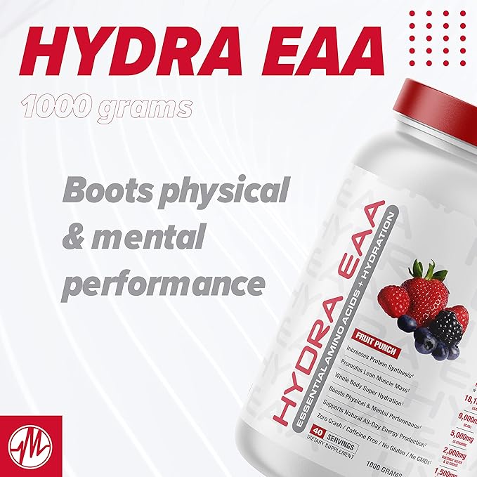 Metabolic Nutrition Hydra EAA, 1000g of Essential Amino Acids + Hydration, EAAs, BCAAs, Glutamine, Electorlytes, Coconut Water & Glycerol, Amazing Flavors (Fruit Punch, 1000g)