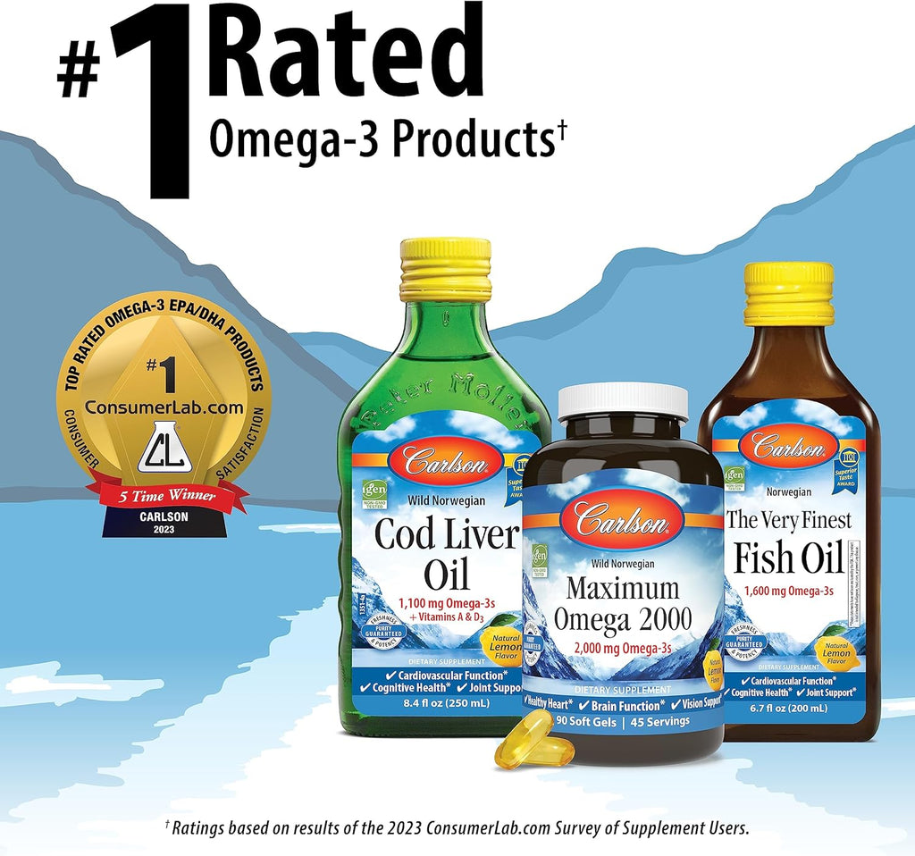 Carlson Labs Wild Caught Elite Omega-3, 1600mg, Omega 3s, Soft Gels, 90 Count