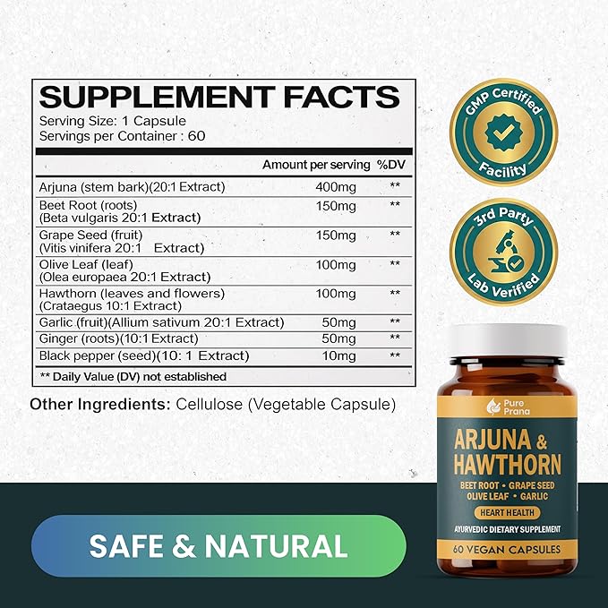 Pure Prana Ayurvedic Heart Health Supplement - Arjuna Bark & Hawthorn with CoQ10, Beet Root & Grape Seed for Cardiovascular Support & Blood Pressure - Vegan Capsules - Non-GMO, Gluten Free