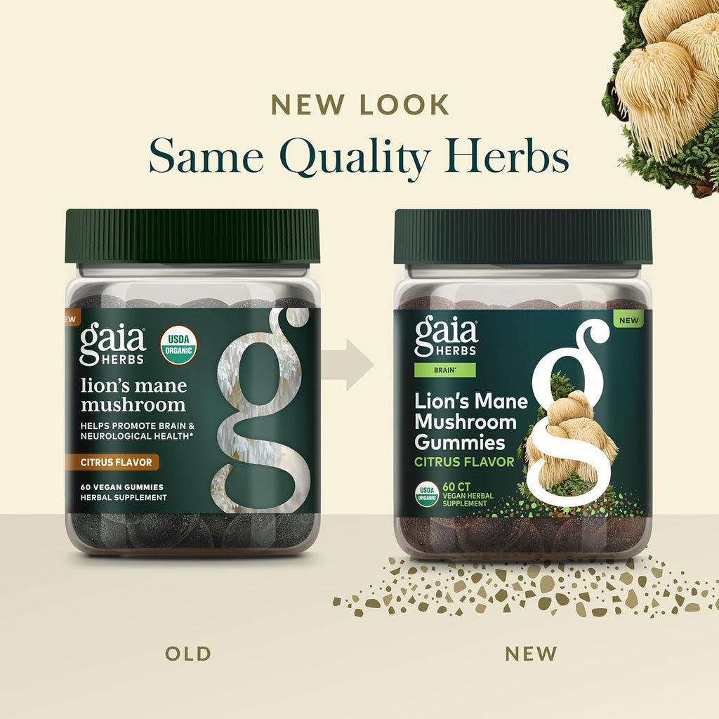 Gaia Herbs Lion's Mane Mushroom - Natural Brain Support Supplement - Made with Organic Lion's Mane Mushrooms - Free from Gluten, Soy & Dairy - 60 Vegan Gummies (30 Servings)