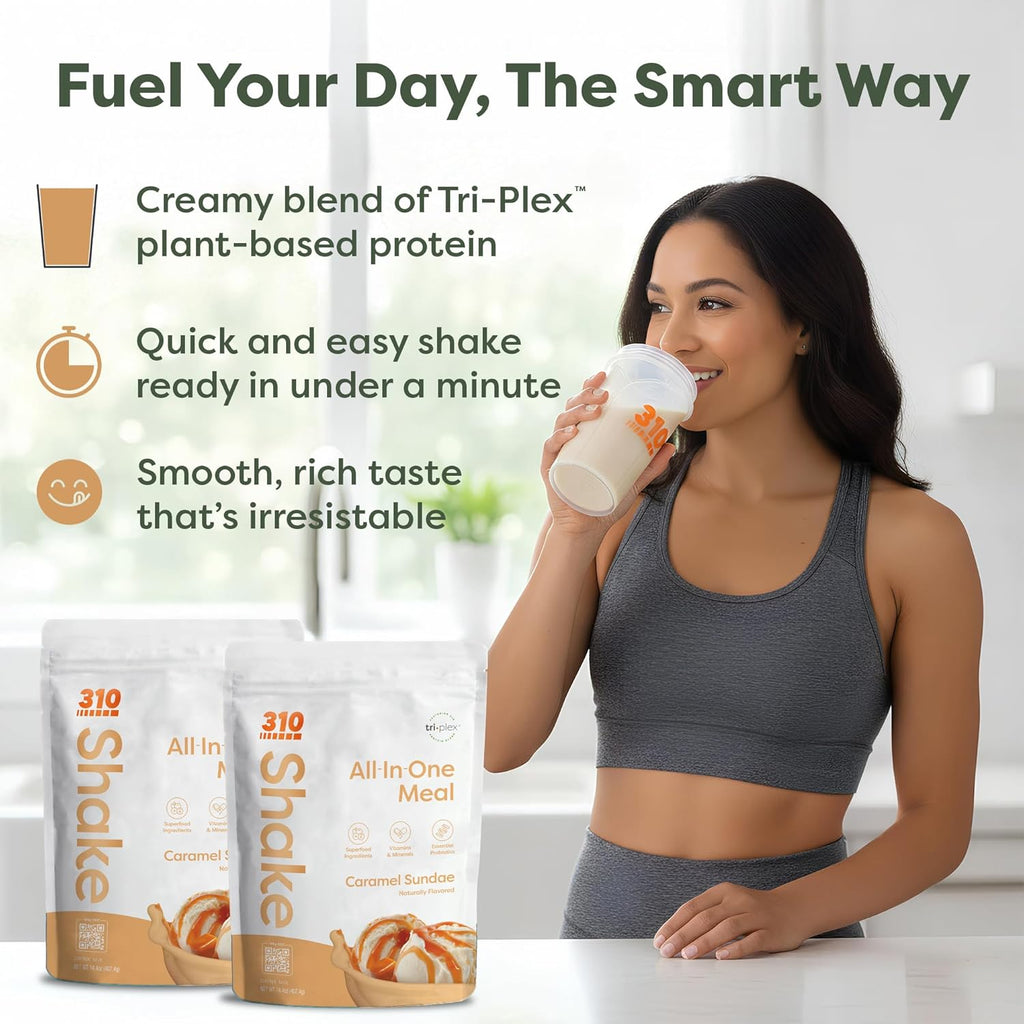 310 Nutrition All-In-One Meal Replacement Shake Powder - Plant-Based Protein Smoothie Blend w/High Fiber, Probiotics & Adaptogens - Low Carb, Vegan, Keto & Paleo Friendly - Caramel Sundae - 14 Srv
