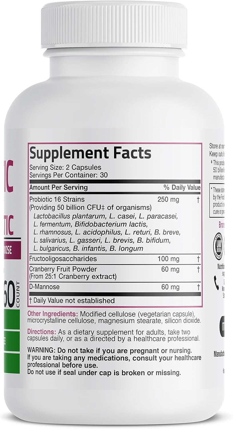 Bronson Women's Probiotic 50 Billion CFU + Prebiotic with Cranberry & D-Mannose – Vaginal Health, Healthy Digestion, Immune Function and Urinary Tract Support, Non-GMO, 60 Vegetarian Capsules