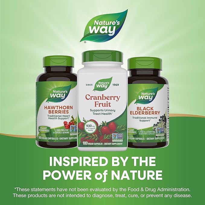 Nature's Way Cranberry Fruit, Cranberry Supplements, Supports Urinary Tract Health*, 930 mg per 2-Capsule Serving, 180 Capsules (Packaging May Vary)