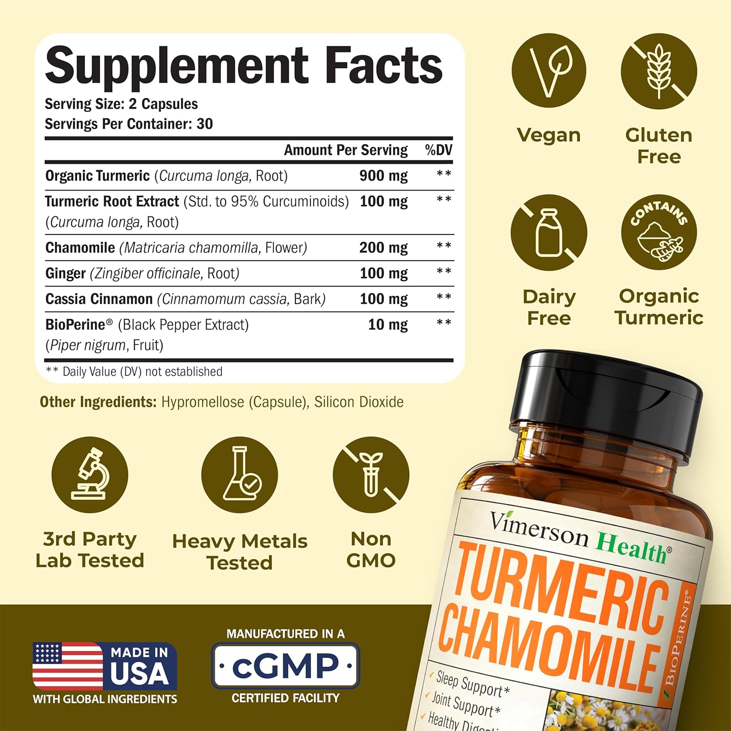 Turmeric Supplement & Chamomile Capsules for Sleep - Organic Turmeric Sleep Supplement with Chamomile Flowers Extract (Manzanilla) - Relaxation & Stress Support - Joint & Digestive Health. 60 Capsules