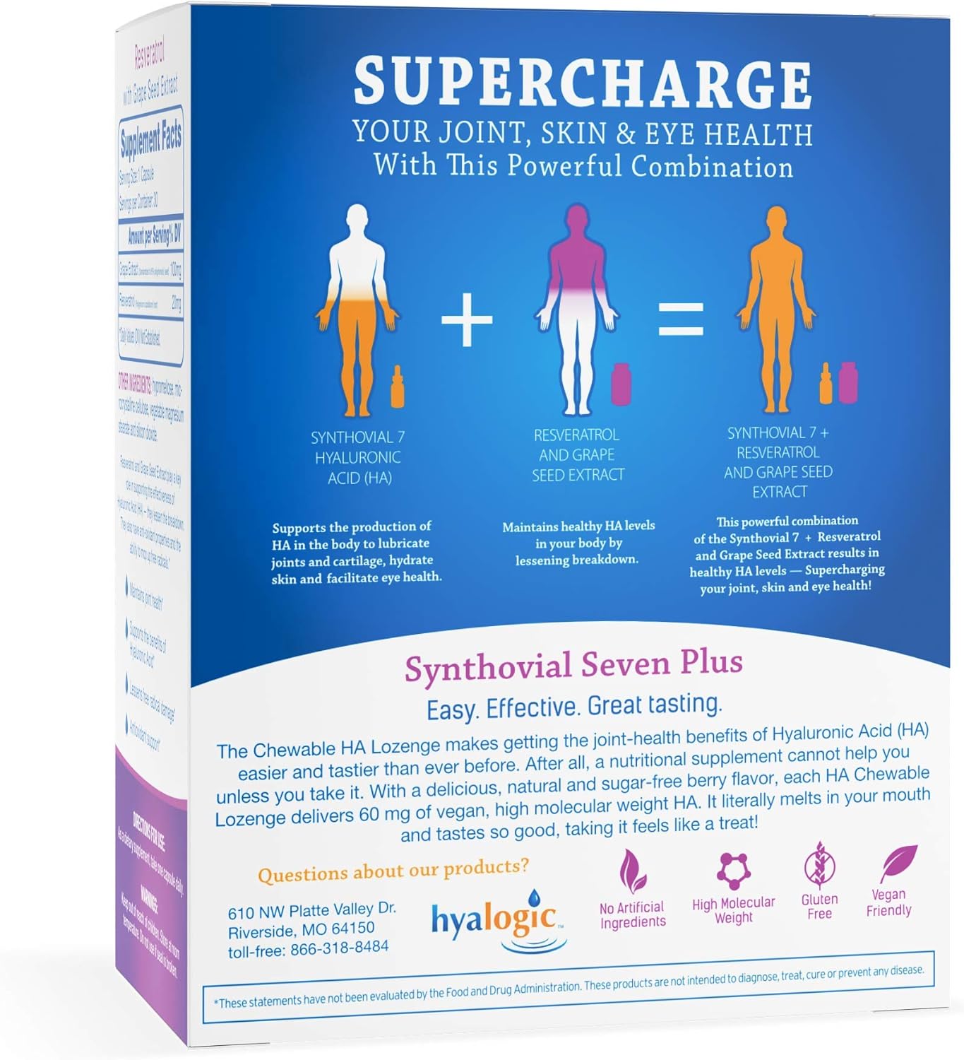 Hyalogic Synthovial Seven Hyaluronic Acid Liquid & Resveratrol Capsules - HA Joint Support - Vegan - 1 oz