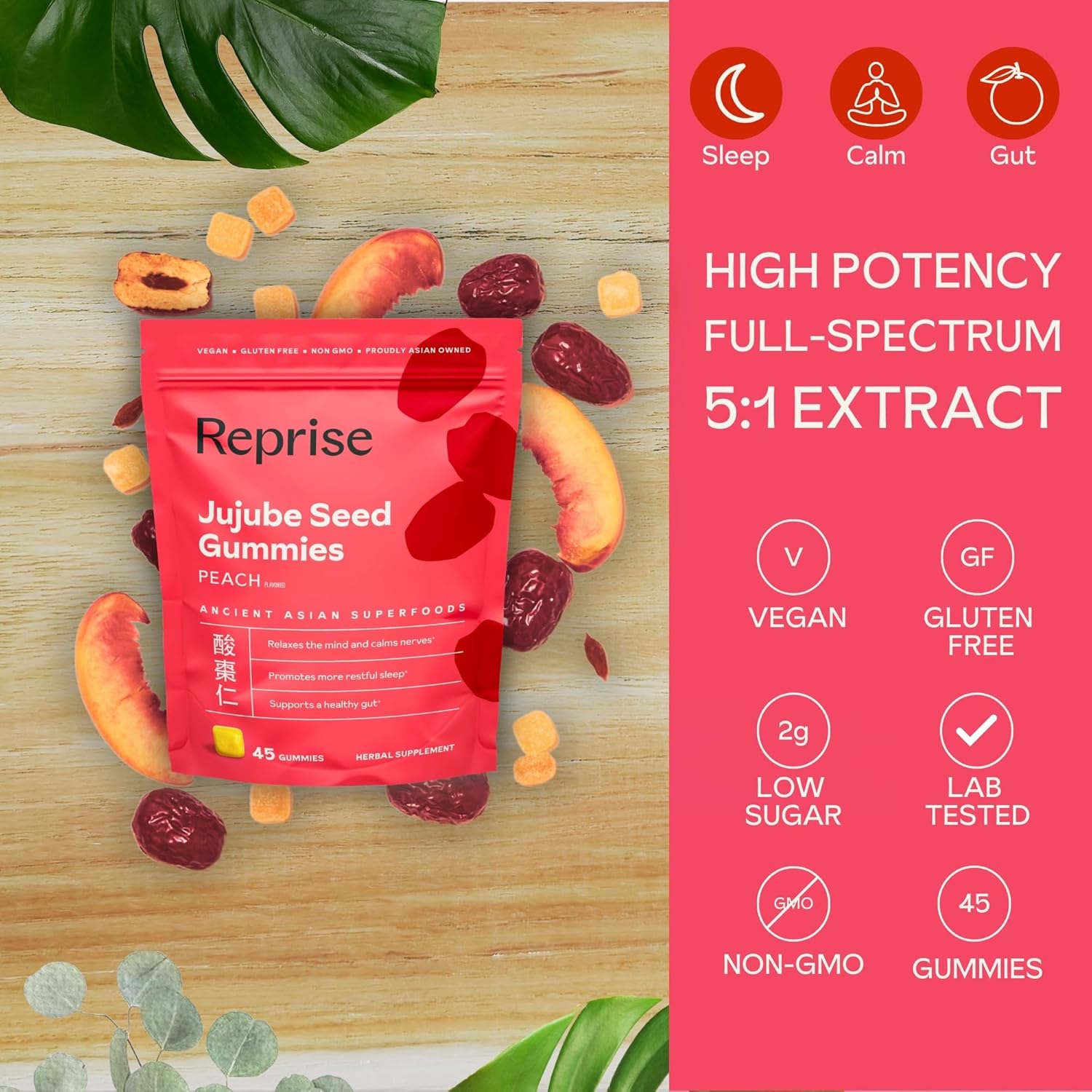 Jujube Seeds in Daily Gummies, 300 mg Full-Spectrum Jujube Seeds, Supports Relaxation & Restful Sleep, 100% Plant Based Vegan & Gelatin Free, Peach Flavored, 45 Gummies