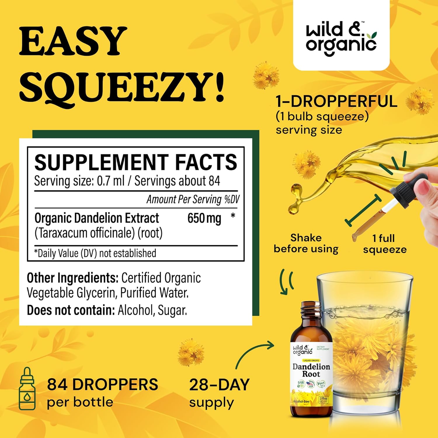 Wild & Organic Dandelion Root Supplement Drops - Liver Cleanse Support - Dandelion Root Tincture for Liver Detox - Vegan, Sugar & Alcohol-Free Liquid Extract - 2 fl oz