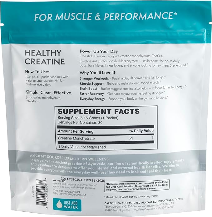 TERRA ORIGIN Healthy Creatine Micronized Monohydrate Powder | 30 Stick Packs | Support for Muscle and Cognitive Performance* | Supplement for Women and Men | Unflavored, Gluten Free, Zero Sugar