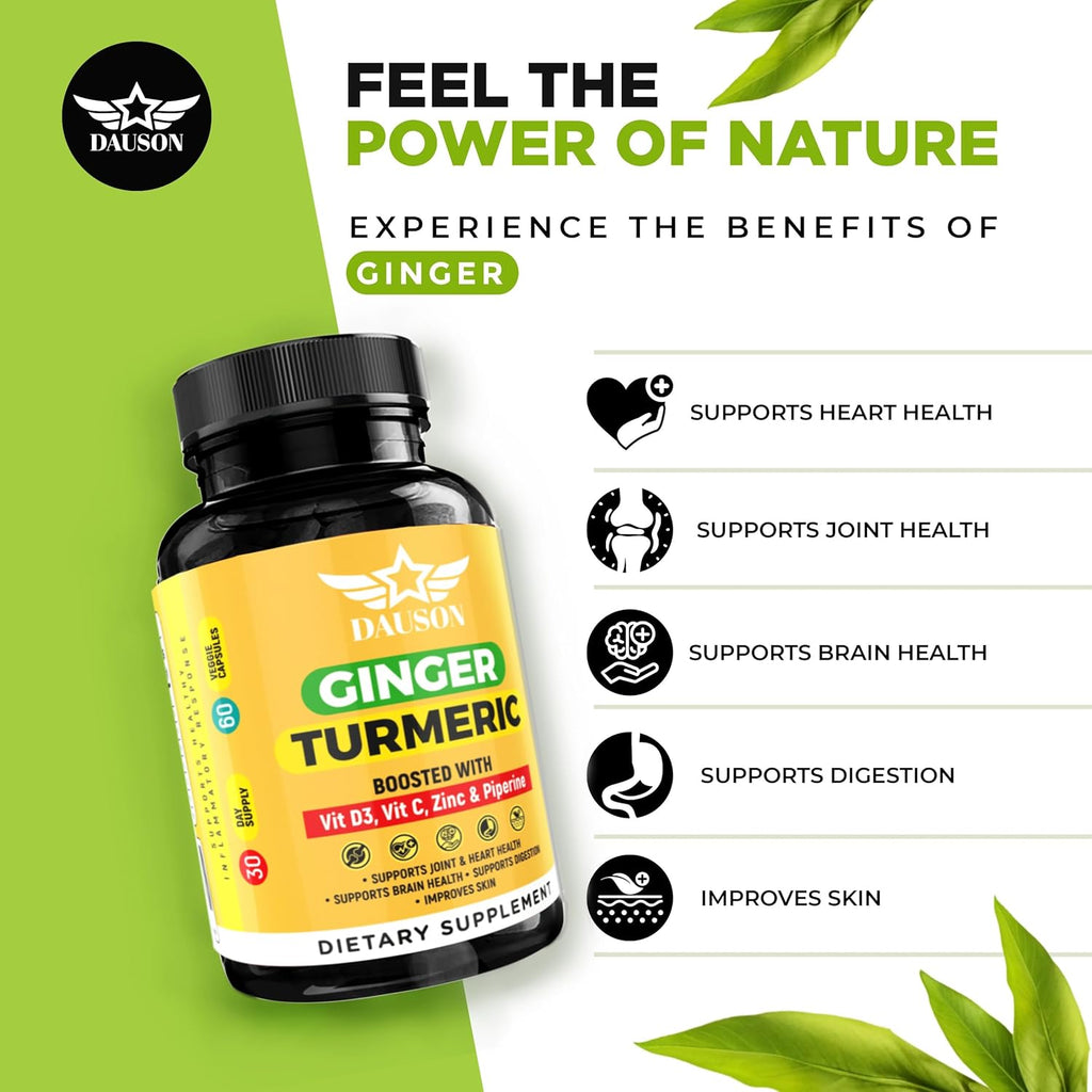 Ginger Turmeric Supplements – Boosted with Piperine, Vitamin D3, Vitamin C, Zinc & Orange | Joint, Gut & Skin Health Support | 60 Capsules | Ayurvedic