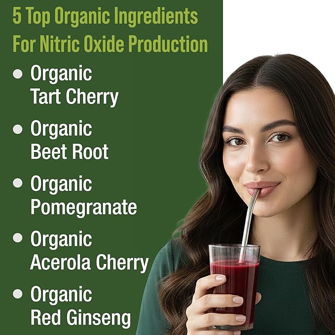 USDA Organic Plant Based Nitric Oxide Booster Powder Supplement For Men & Women. Caffeine Free Supplements 5 Top Organic Ingredients. Beet Root, Tart Cherry, Acerola Cherry, Pomegranate, Red Ginseng