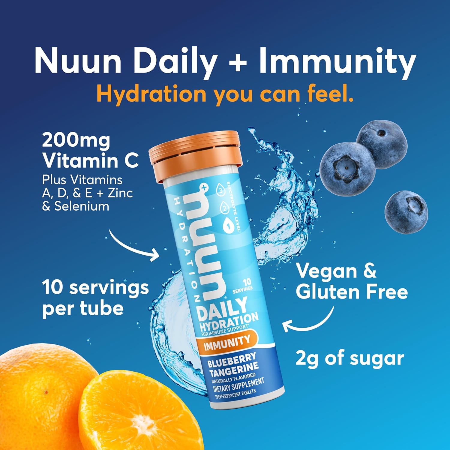 Nuun Immunity Electrolyte Tablets with Vitamin D, C, E, & A, Ginger, Elderberry, Magnesium & 4 Other Essential Electrolytes, Vegan, Blueberry Tangerine & Orange Citrus, 4 Pack (40 Servings Total)