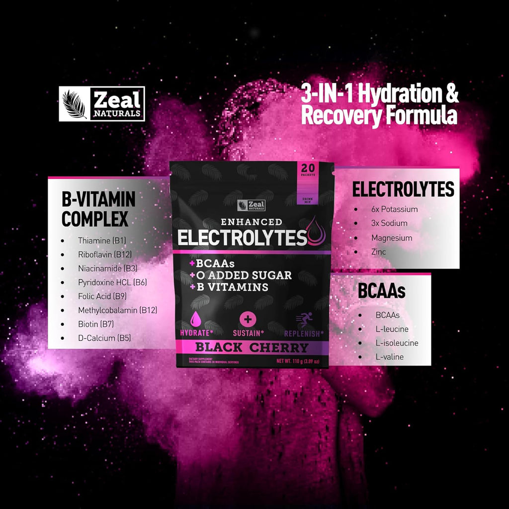 Enhanced Electrolyte Powder Stick Packs (Black Cherry | 20 Packets) w/ 0 Sugar +BCAAs +B-Vitamins Electrolyte Supplement w Potassium Zinc & Magnesium for Hydration - Keto Electrolytes