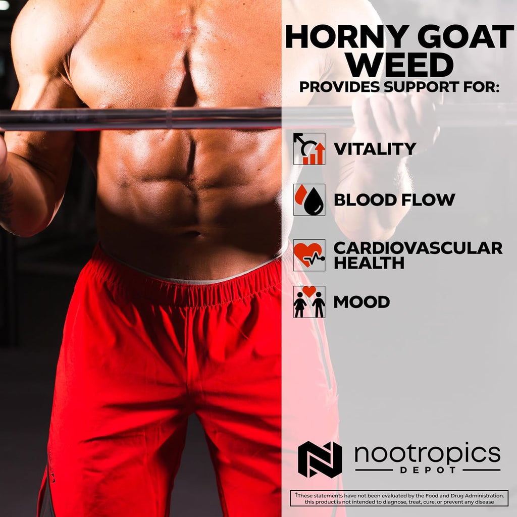 Nootropics Depot Horny Goat Weed Capsules | 200mg | 30 Count | Minimum 50% Icariin | Epimedium brevicornum