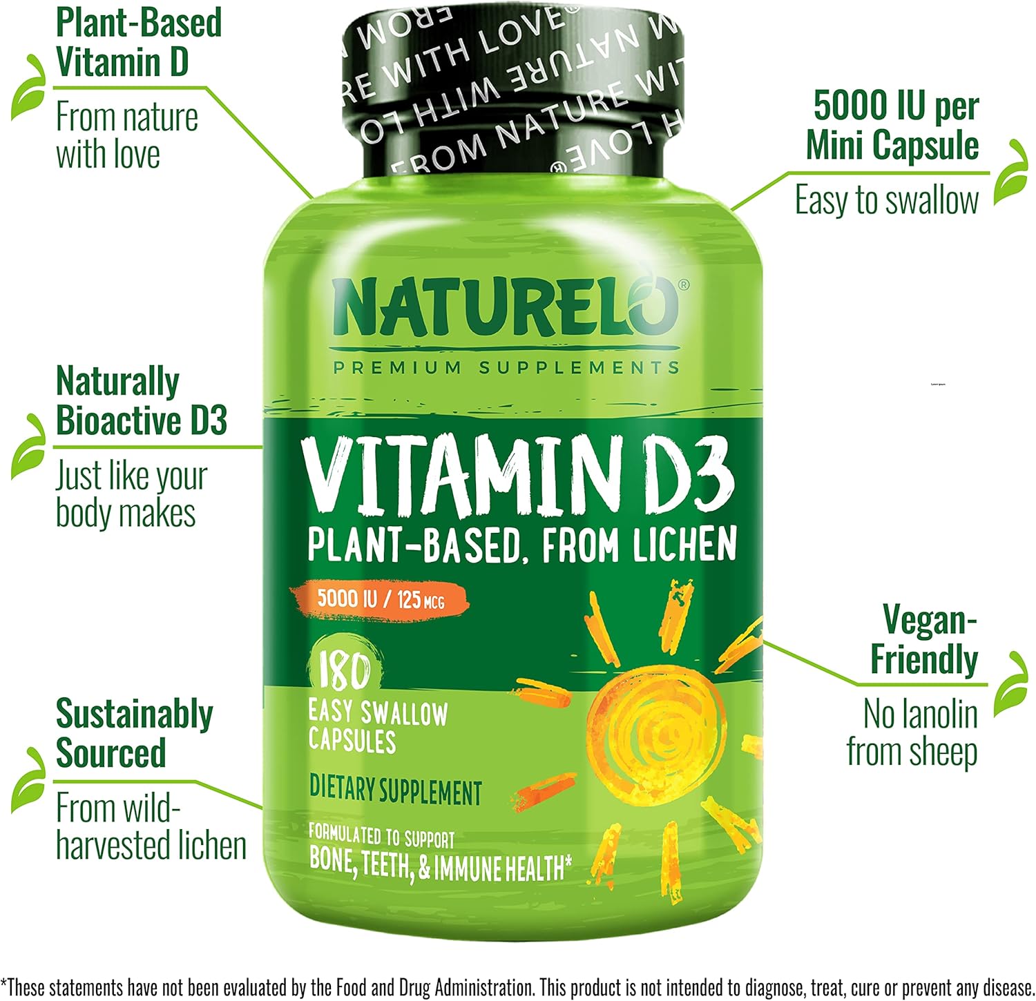 NATURELO Vitamin D - 5000 IU - Plant Based from Lichen - Natural D3 Supplement for Immune System, Bone Support, Joint Health - High Potency - Vegan - Non-GMO - Gluten Free - 180 Capsules (Pack of 2)