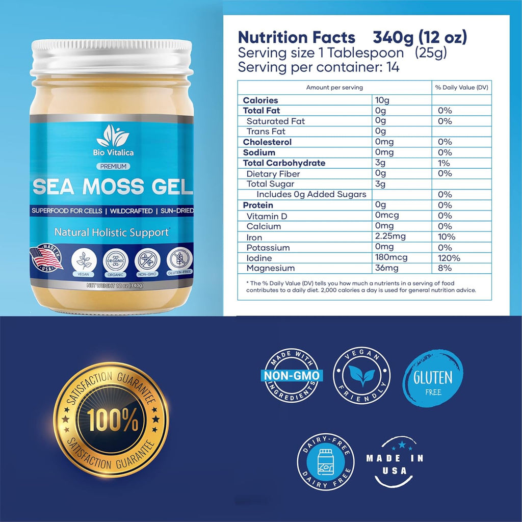 Sea Moss Gel by BioVitalica - Irish sea Moss raw Organic - Premium Quality - Dr Sebi, Vegan superfood for Cells - 100% Natural Seamoss Gel - (Pack of 1, Original)