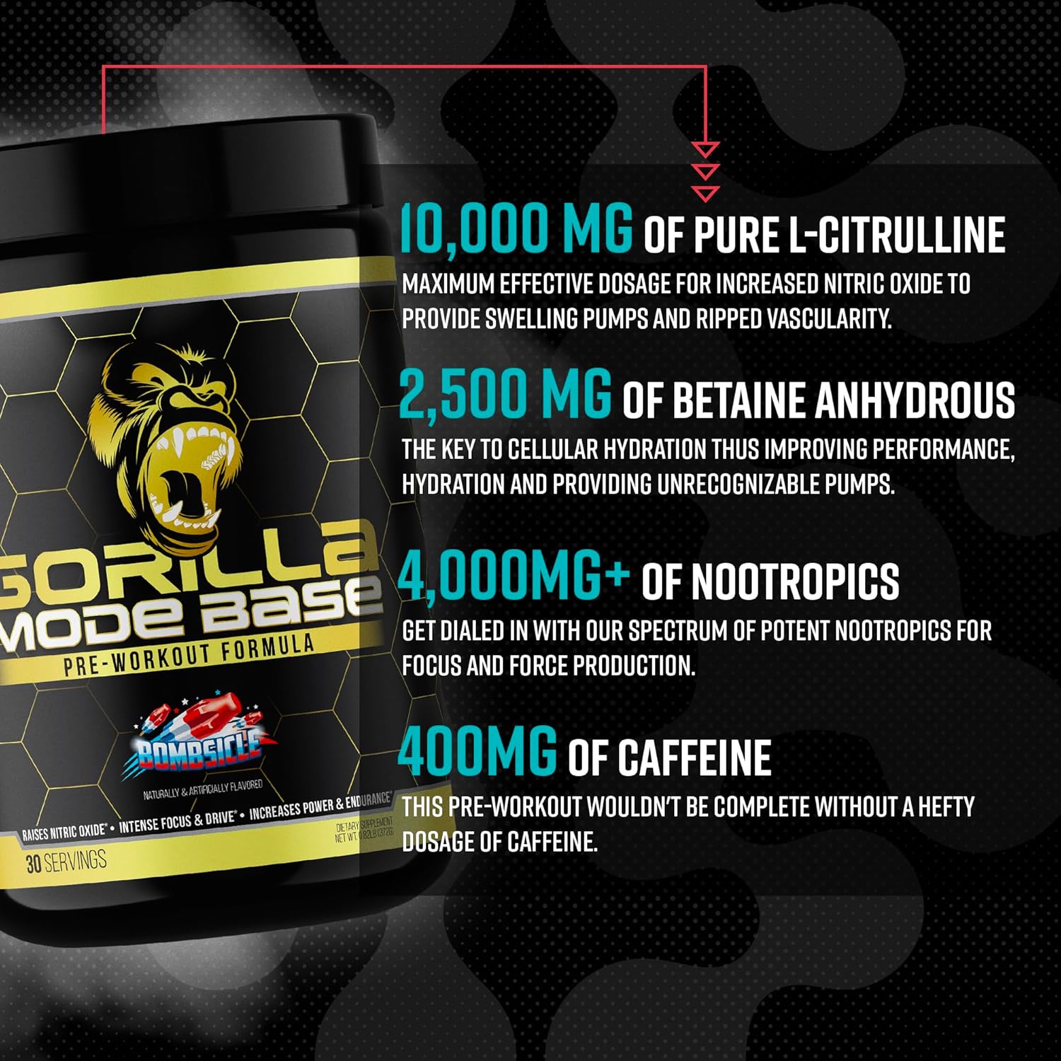Gorilla Mind Base Pre Workout - Raises Nitric Oxide Intense Focus & Drive Endurance Power - L-Citrulline, L-Tyrosine, Betaine, Alpha-GPC, Caffeine, Huperzine A - 360 Grams (Volcano Burst)