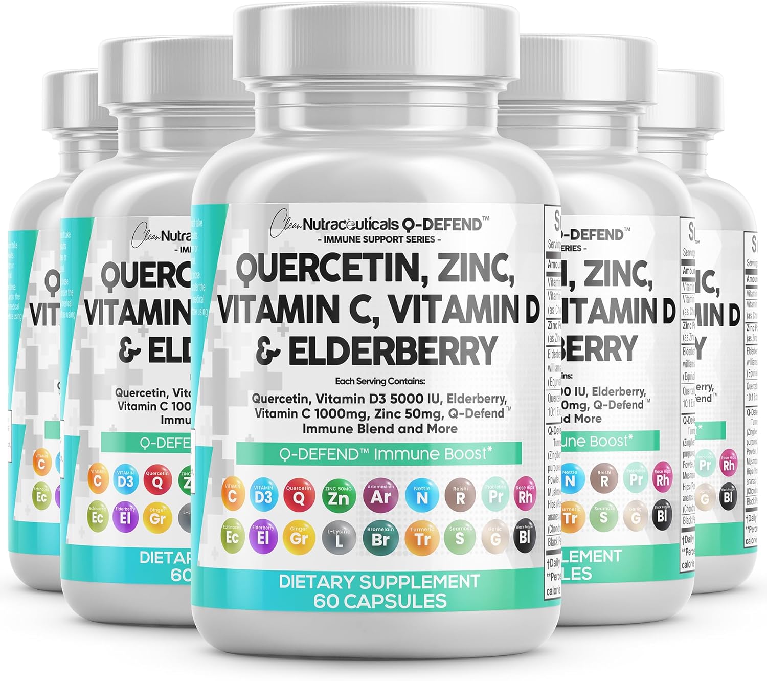 Clean Nutraceuticals Quercetin Zinc Vitamin C Vitamin D Bromelain Elderberry - Lung Immune Support Supplement Adults with Artemisinin, Sea Moss, Echinacea, Allergy Relief (60 Count (Pack of 5))