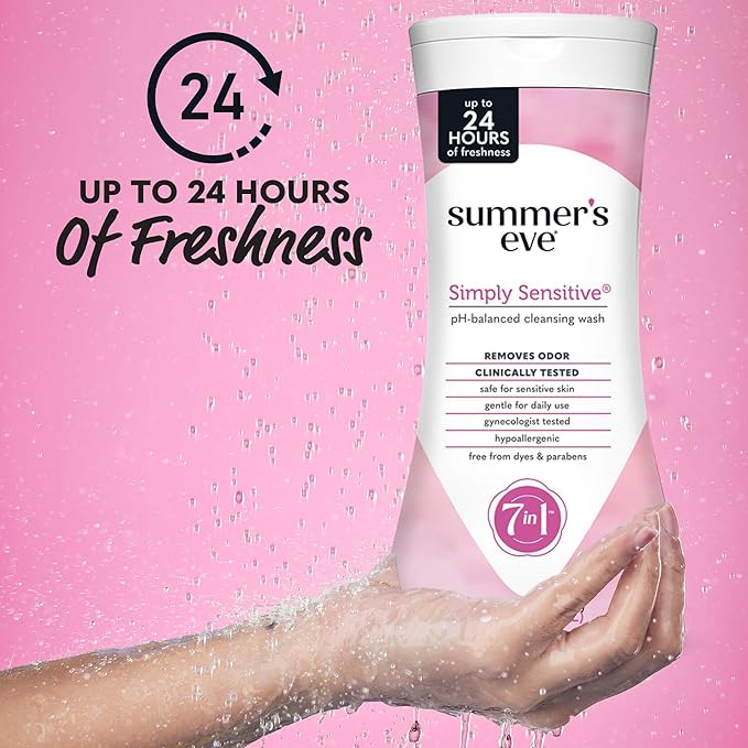 Summer's Eve Simply Sensitive All-Over Daily Feminine Wash, Gentle pH-Balanced Body Wash for Women, Removes Vaginal Odor, 15 Fl Oz, Pack of 3